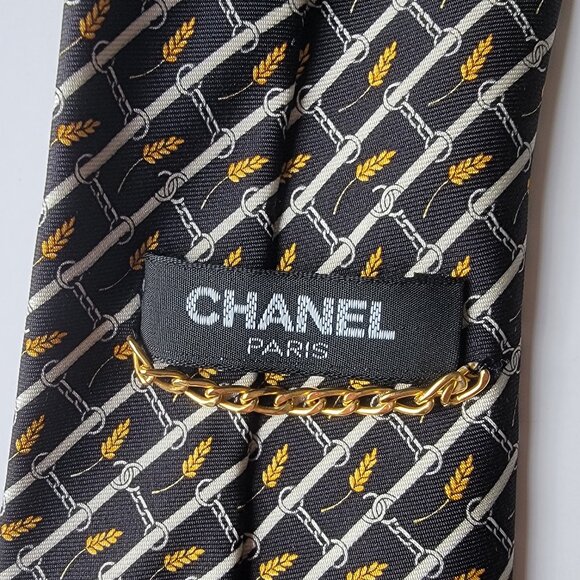 CHANEL Men's Vintage Tie 100% Silk Made in Italy black with yellow wheat pattern - Picture 5 of 5